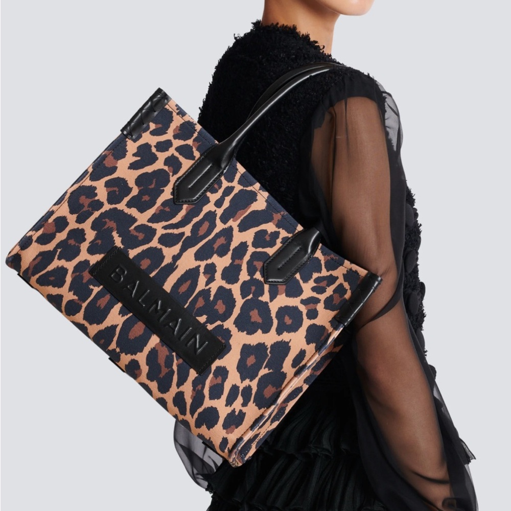 NWT Balmain B Army Shopper Shoulder Bag Leopard Print Canvas Tote Made in ITALY